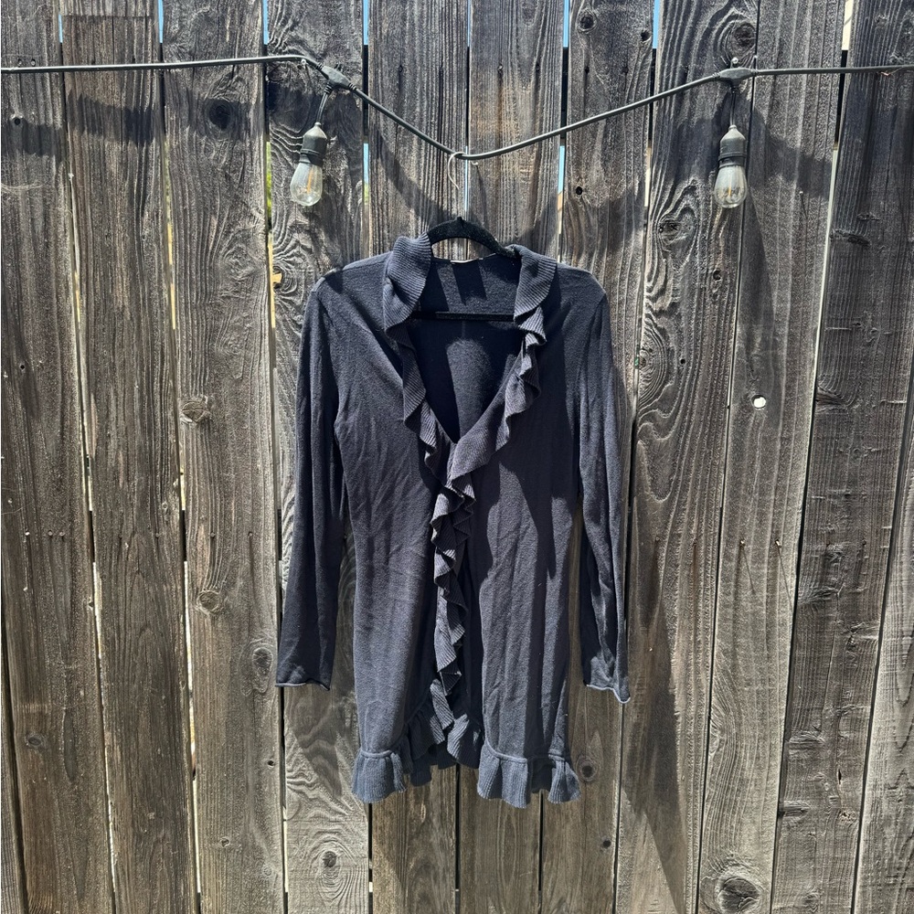 Magaschoni Cashmere Navy Blue Waterfall Ruffle Cardigan Sz Small Cotton Cashmere